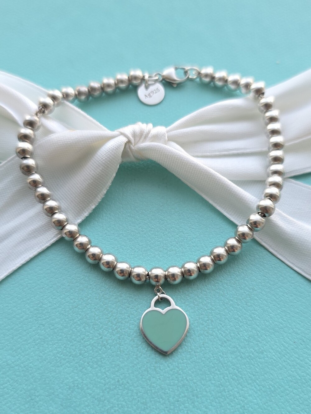 T&Co Blue enamel mini heart tag bead bracelet